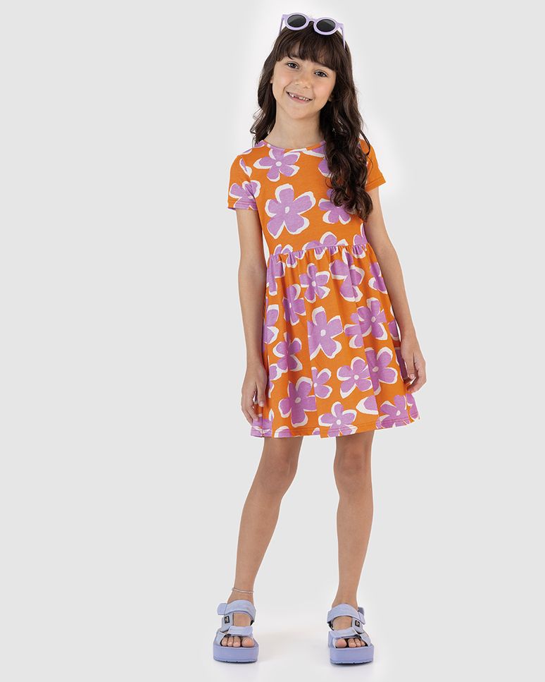 Vestido Infantil Evasê Manga Curta Estampado Em Algodão Malwee Kids