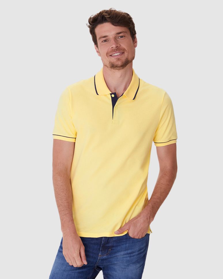 Camisa Polo Básica Masculina Detalhe Costura Contraste Em Piquet Stretch