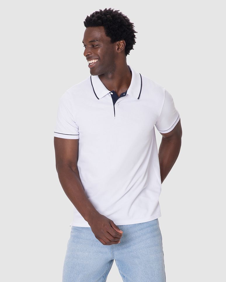 Camisa Polo Básica Masculina Detalhe Costura Contraste Em Piquet Stretch