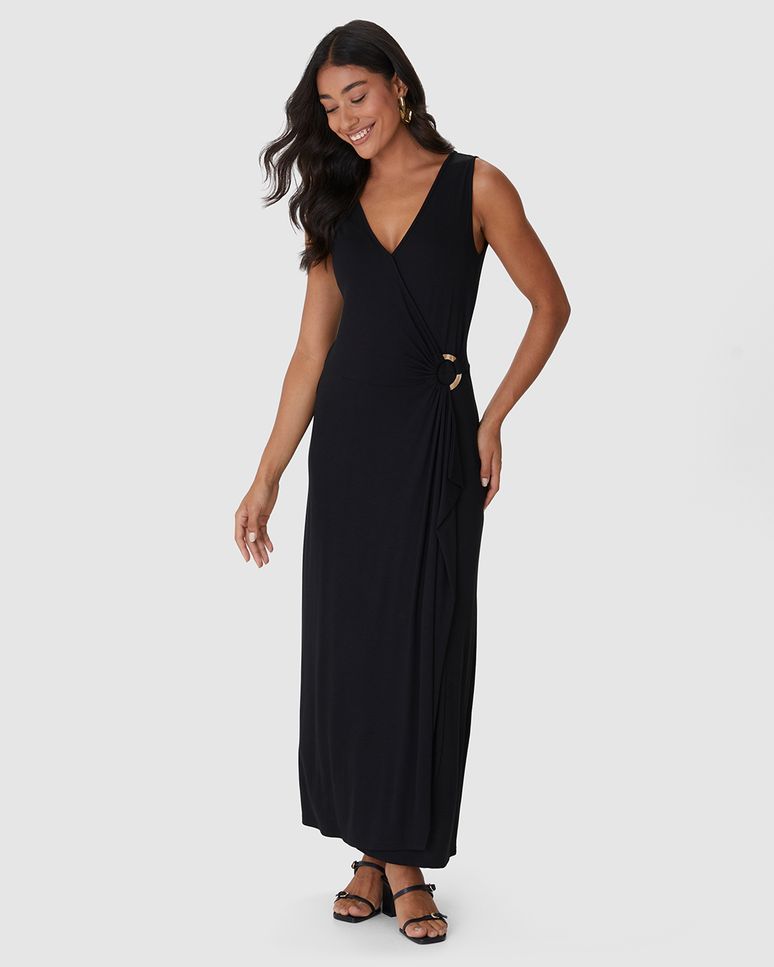 Vestido Midi Feminino Transpassado Detalhe Com Argola Em Viscose Stretch