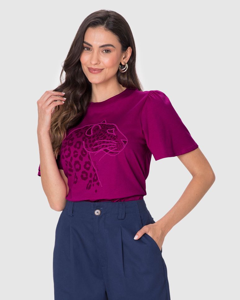 Camiseta Feminina Estampa Puff Alto Relevo Manga Franzida Em Algodão