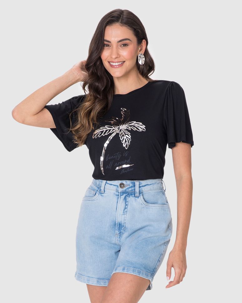 Camiseta Feminina Estampa Metalizada Manga Franzida Em Viscose Stretch