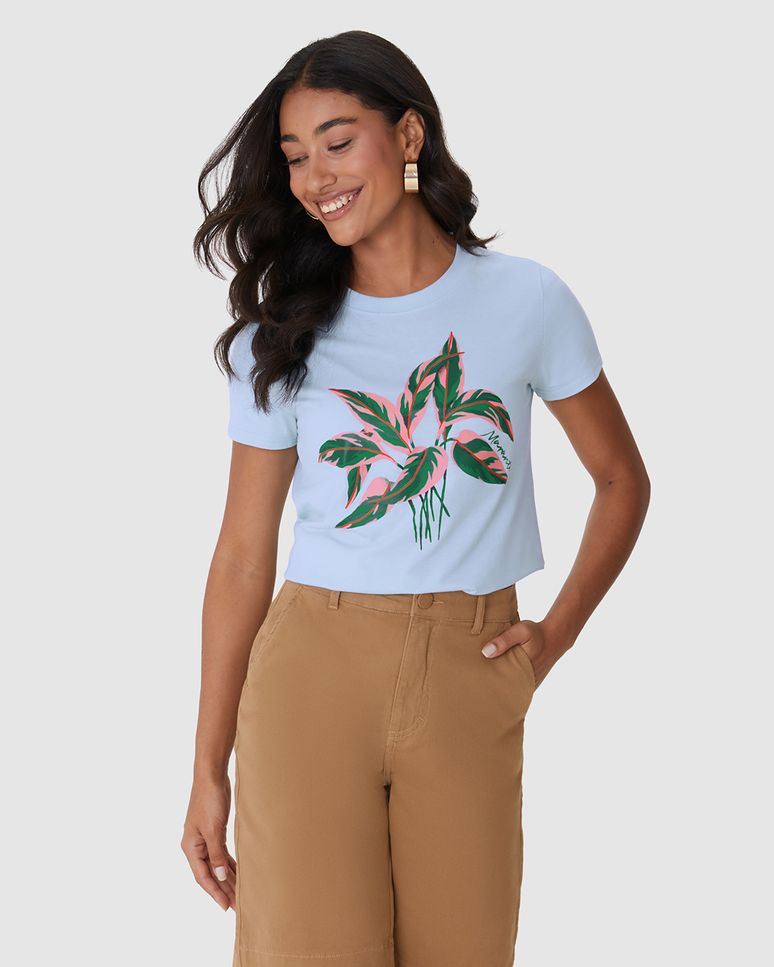 Camiseta Feminina Ilustração Frontal Especial Plantas Em Algodão