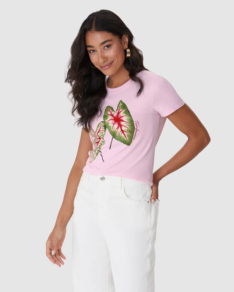 Camiseta Feminina Ilustração Frontal Especial Plantas Em Algodão