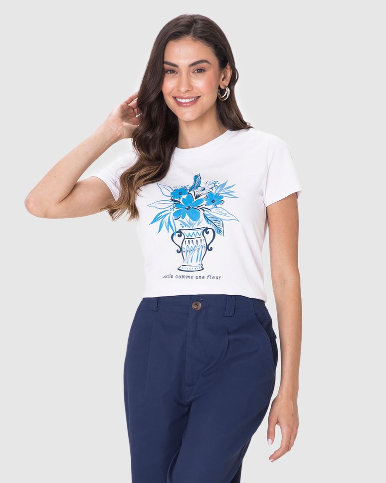 Camiseta Feminina Manga Curta Estampa Belle Comme Une Fleur Em Algodão