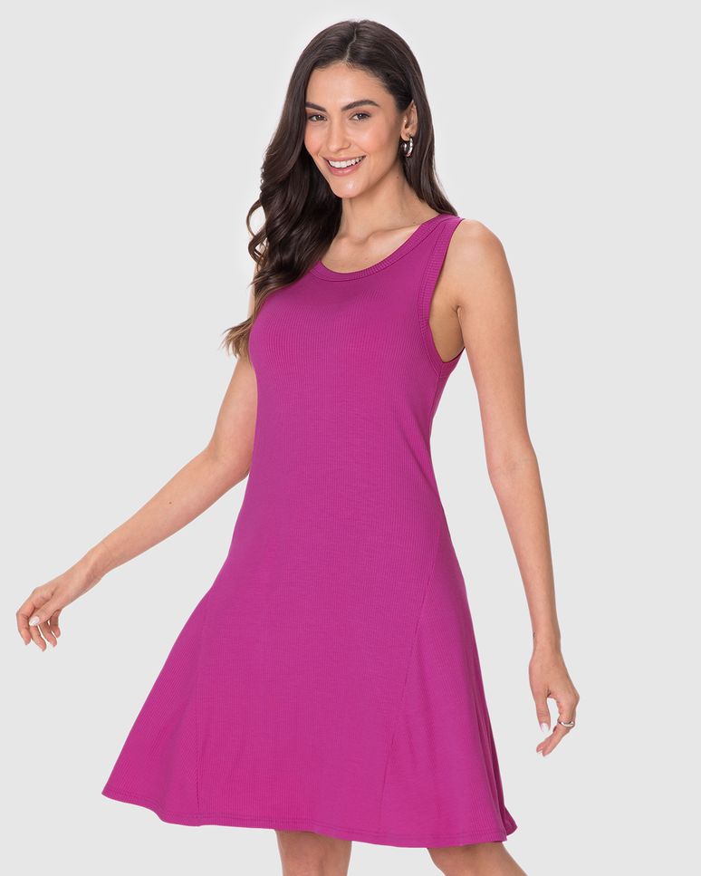 Vestido Feminino Evasê Sem Manga Em Malha Viscose Canelada