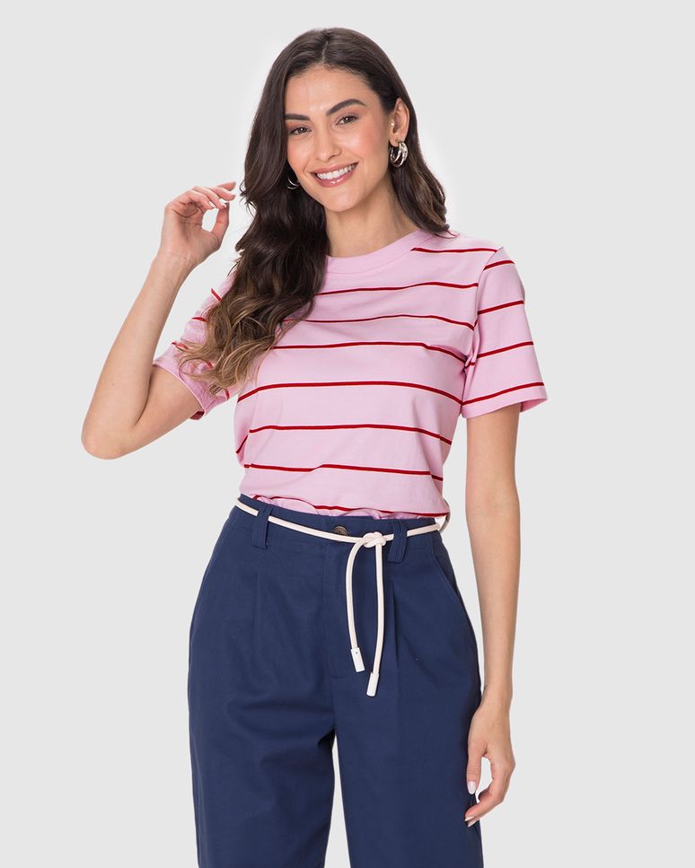 Camiseta Feminina Reta Manga Curta Em Malha Listrada