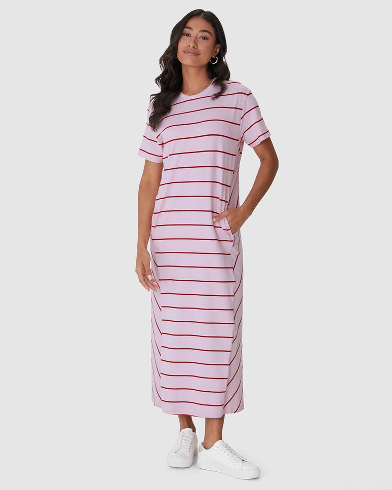 Vestido Midi Feminino Listrado Bolso Funcional Em Malha Algodão
