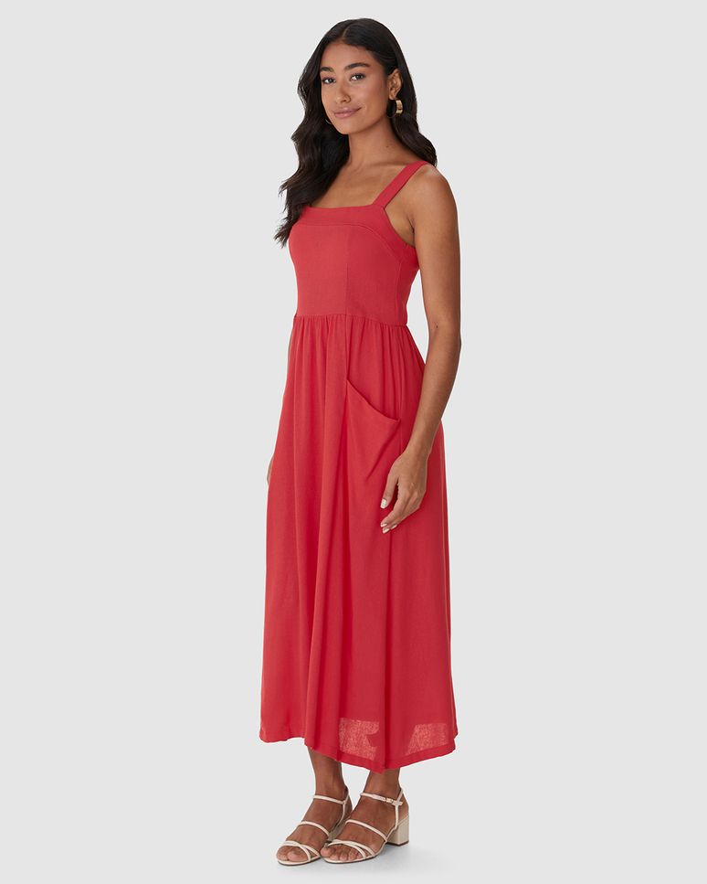 Vestido Midi Feminino Acinturado Bolso Lateral Em Viscolinho