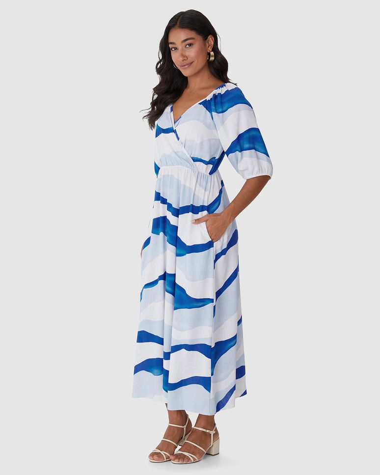 Vestido Midi Feminino Decote V Manga 3/4 Em Viscolinho Texturizado