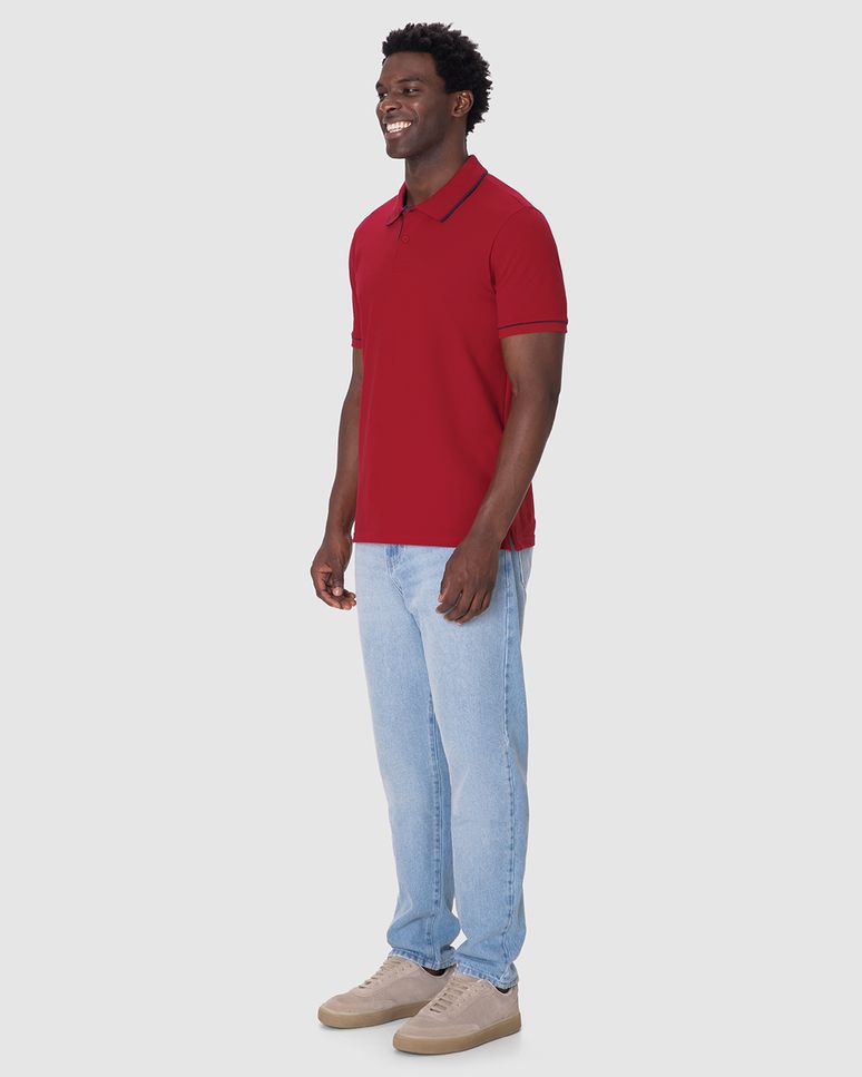 Camisa Polo Básica Masculina Detalhe Costura Contraste Em Piquet Stretch