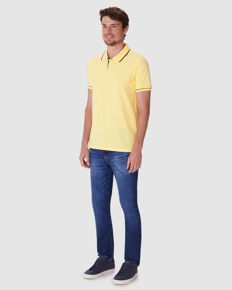 Camisa Polo Básica Masculina Detalhe Costura Contraste Em Piquet Stretch