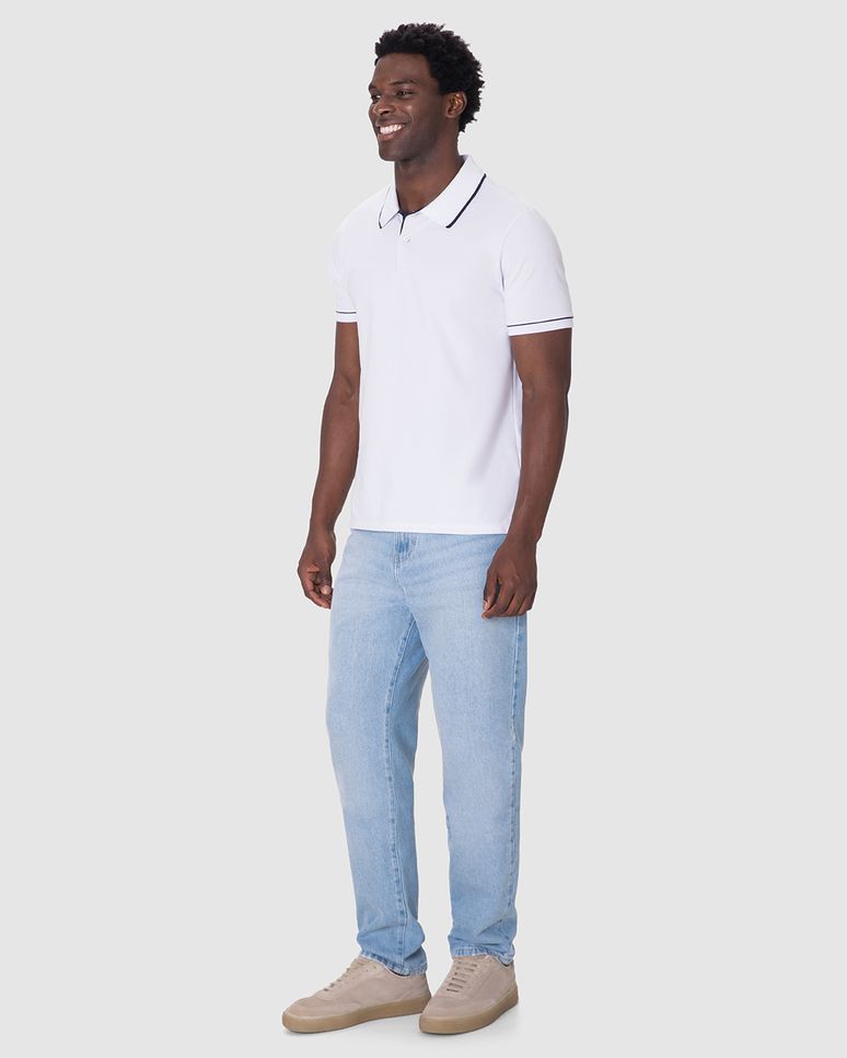 Camisa Polo Básica Masculina Detalhe Costura Contraste Em Piquet Stretch