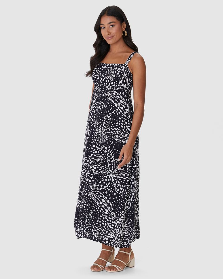 Vestido Midi Feminino Reto Acinturado Estampa Digital Em Viscose