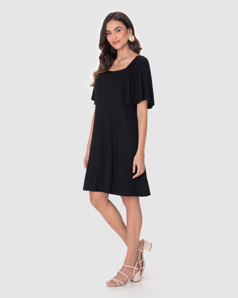 Vestido Feminino Decote Quadrado Manga Franzida Em Malha Viscose Canelada