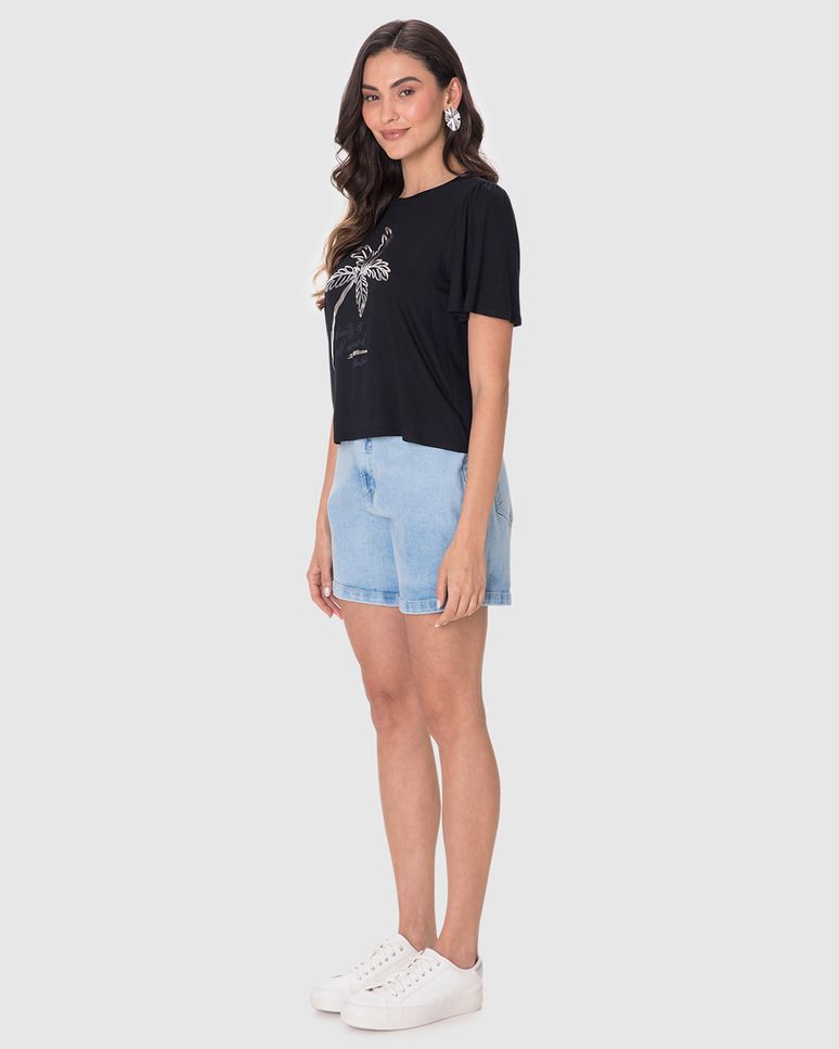Camiseta Feminina Estampa Metalizada Manga Franzida Em Viscose Stretch