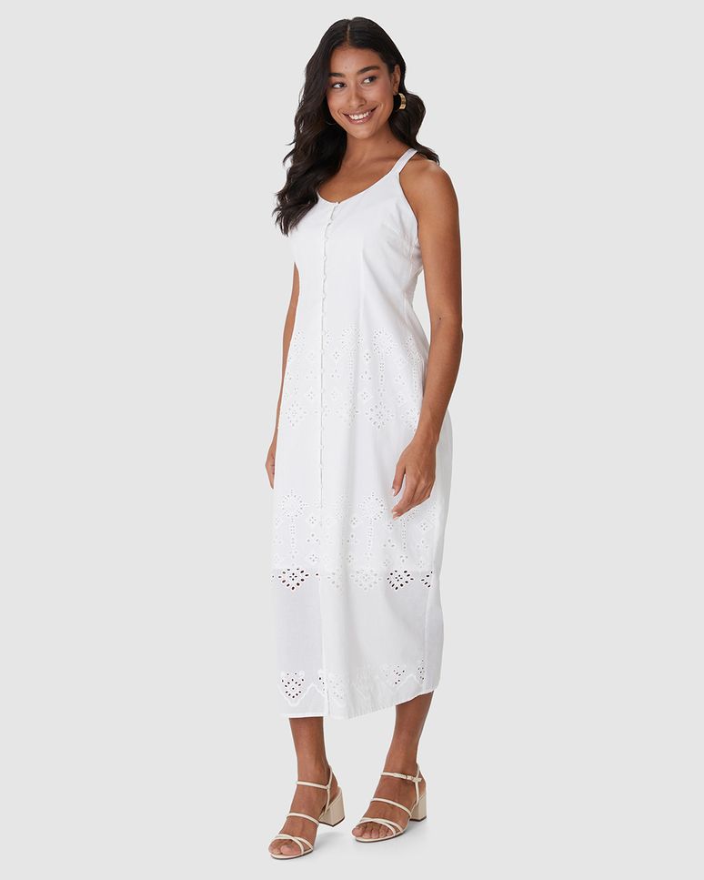 Vestido Midi Feminino Botões Frontais Detalhe Vazado Costas Em Laise Algodão