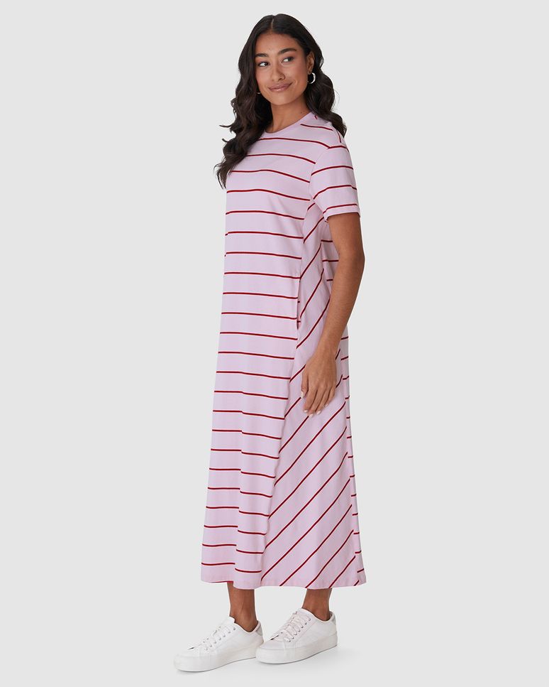 Vestido Midi Feminino Listrado Bolso Funcional Em Malha Algodão