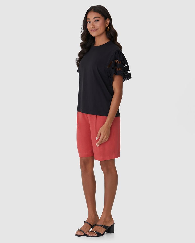 Blusa Ampla Feminina Manga Detalhe Vazado Em Algodão