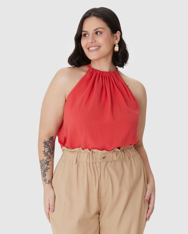 Blusa Feminina Plus Size Evasê Amarração Costas Em Viscolinho Texturizado