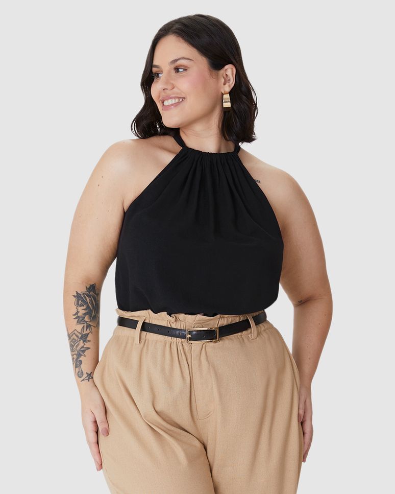 Blusa Feminina Plus Size Evasê Amarração Costas Em Viscolinho Texturizado