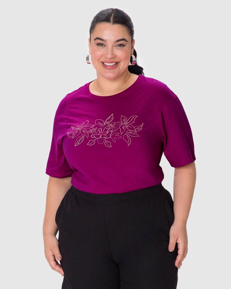 Blusa Feminina Plus Size Box Estampa Puff Alto Relevo Em Algodão