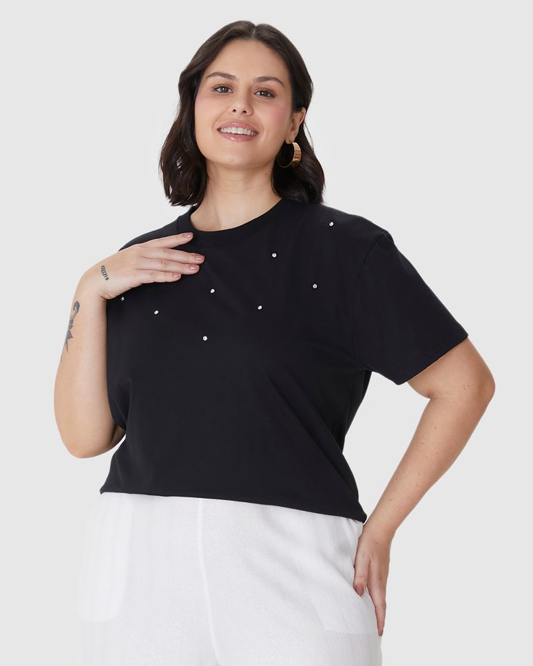 Camiseta Feminina Plus Size Box Aplique Rebite Com Strass Em Algodão