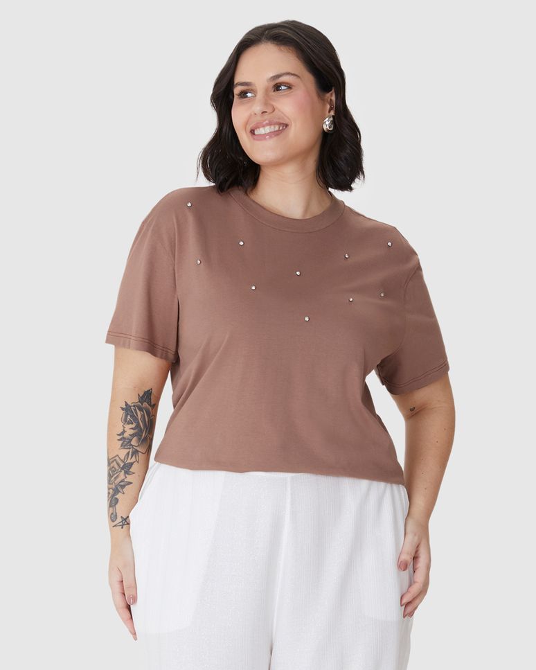 Camiseta Feminina Plus Size Box Aplique Rebite Com Strass Em Algodão