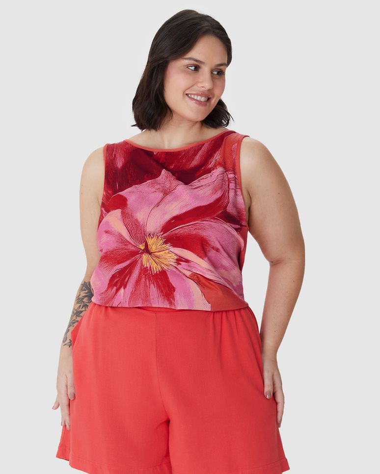 Regata Feminina Plus Size Evasê Estampada Em Malha Viscolinho Stretch