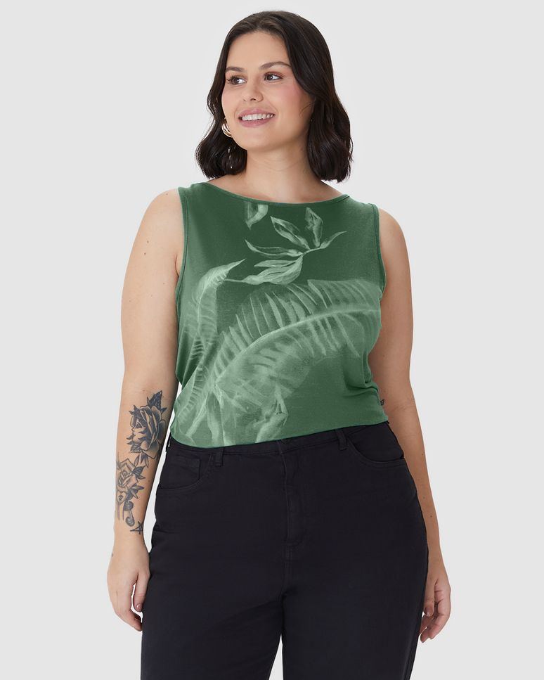 Regata Feminina Plus Size Evasê Estampada Em Malha Viscolinho Stretch