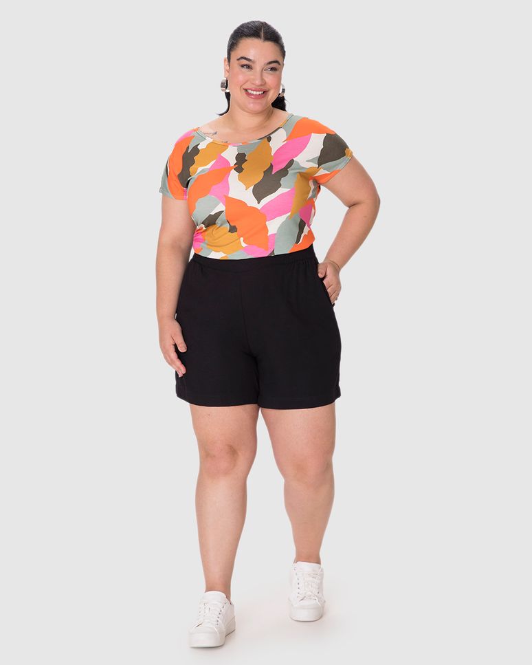 Shorts Feminino Plus Size Cós Elástico Em Viscolinho Texturizado