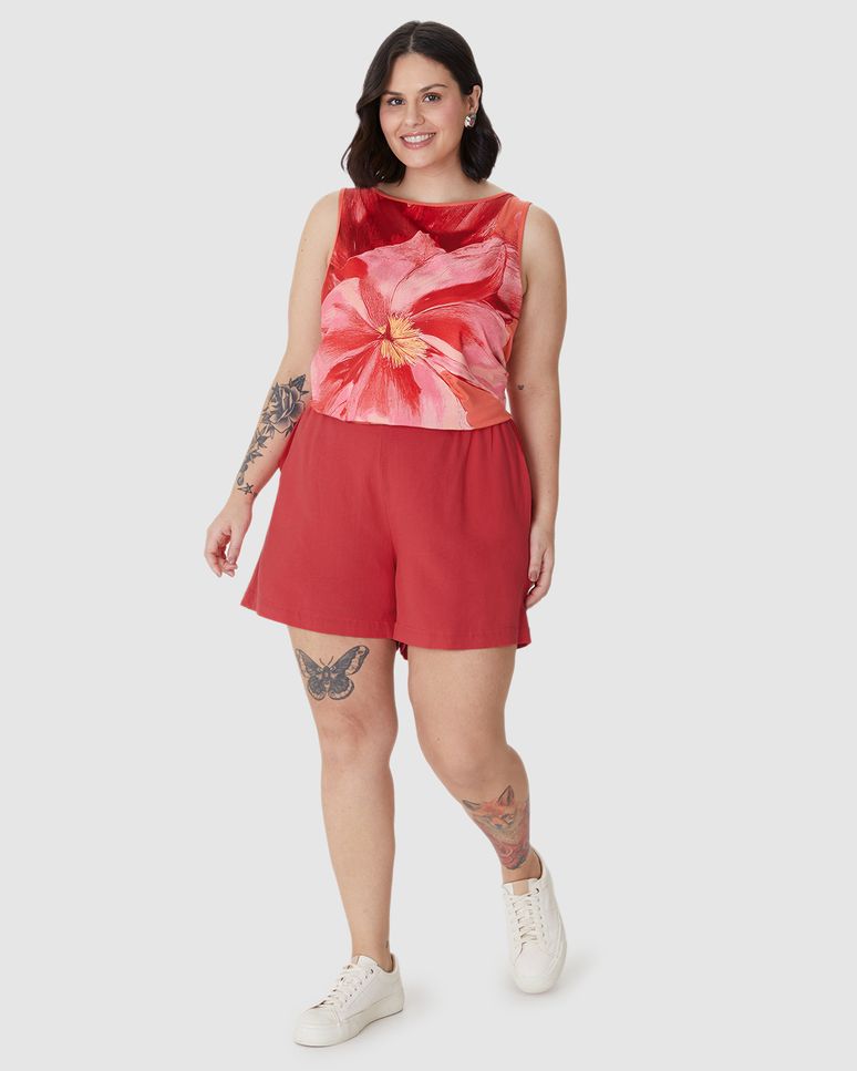Shorts Feminino Plus Size Cós Elástico Em Viscolinho Texturizado