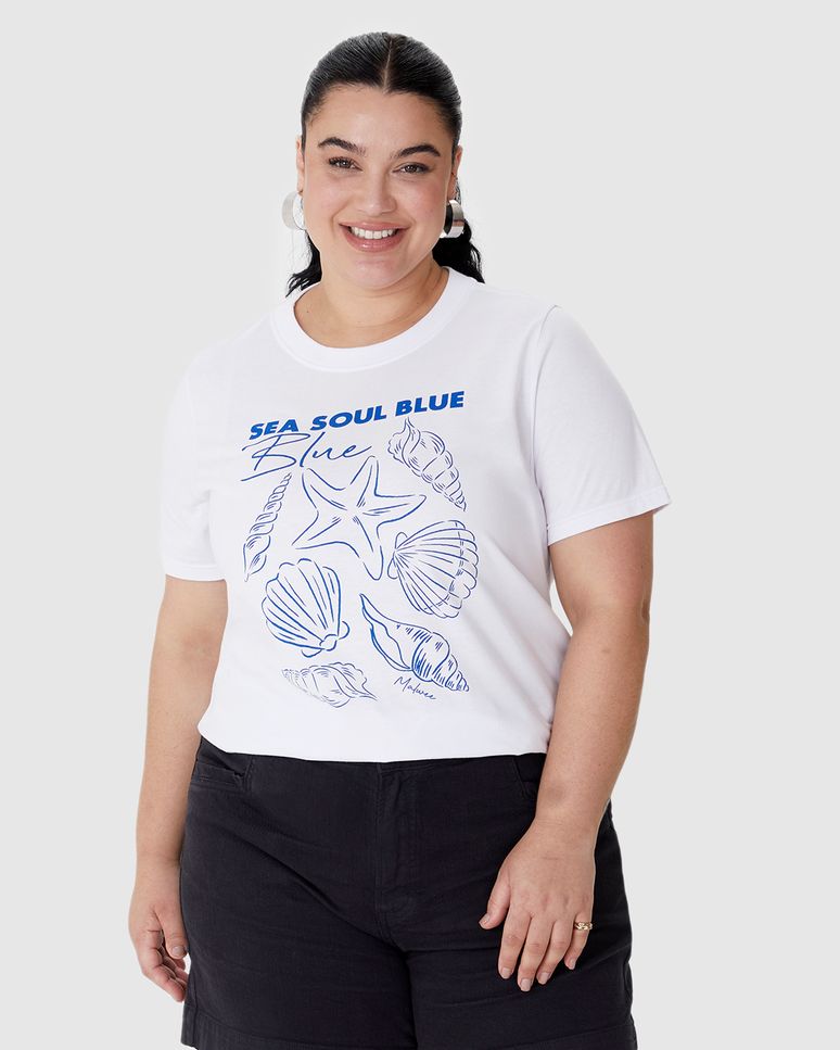 Camiseta Feminina Plus Size Ampla Sea Soul Blue Em Algodão