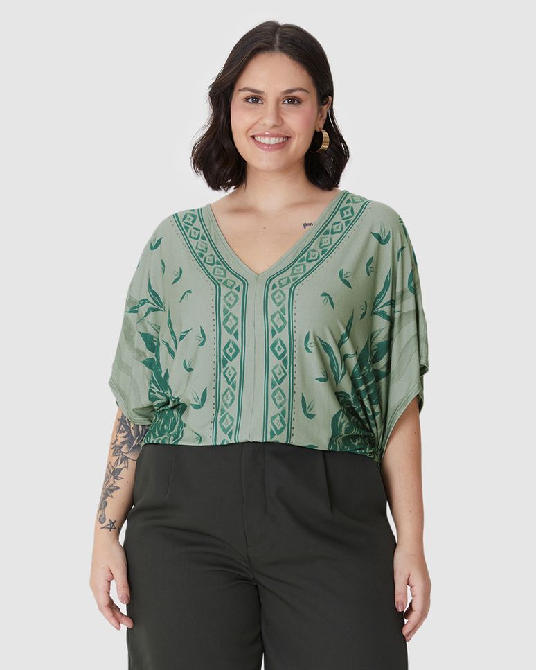 Blusa Feminina Plus Size Ampla Estampada Decote V Em Viscose Stretch