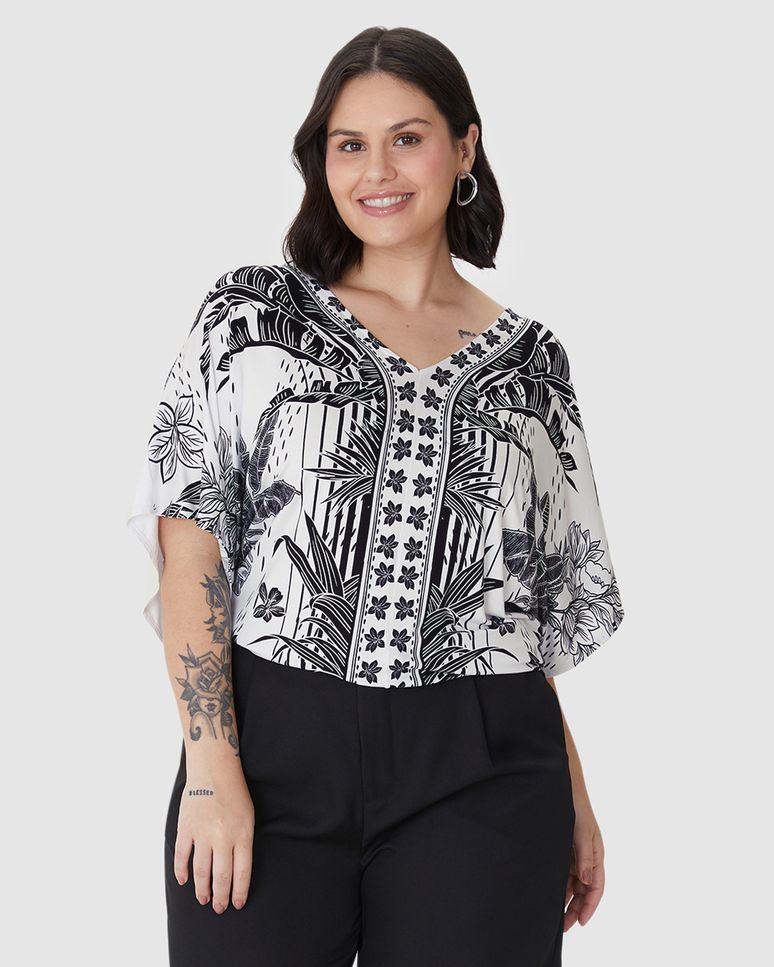 Blusa Feminina Plus Size Ampla Estampada Decote V Em Viscose Stretch