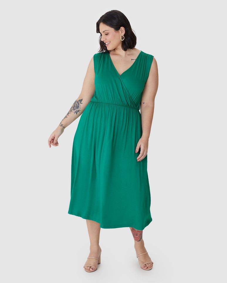 Vestido Midi Feminino Plus Size Transpassado Decote V Em Viscose Stretch
