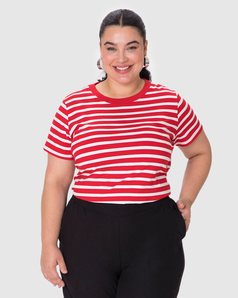 Blusa Feminina Plus Size Decote Redondo Manga Curta Em Malha Listrada