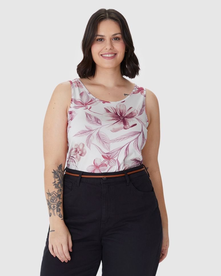 Regata Feminina Plus Size Reta Estampa Floral Em Viscose Stretch