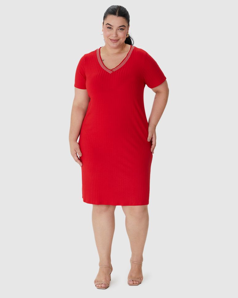 Vestido Feminino Plus Size Reto Decote V Retilínea Em Malha Viscose Canelada