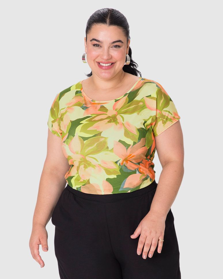 Blusa Feminina Plus Size Barra Mullet Estampa Digital Em Viscose Stretch