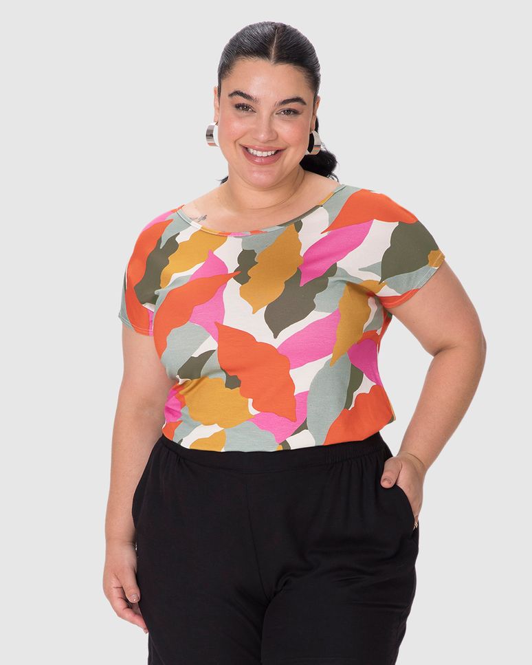 Blusa Feminina Plus Size Barra Mullet Estampa Digital Em Viscose Stretch