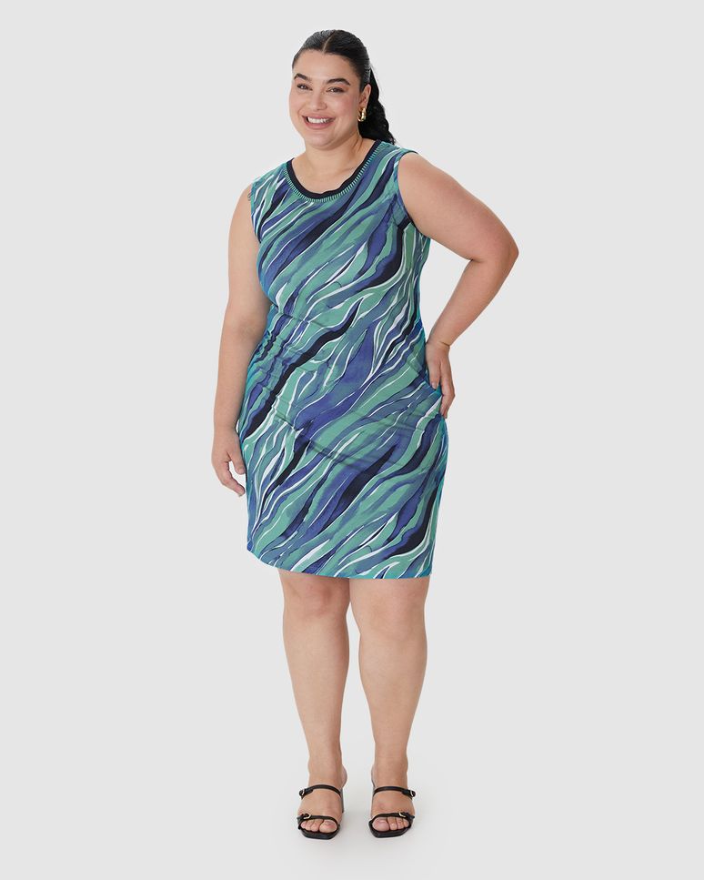 Vestido Feminino Plus Size Reto Decote Redondo Retilínea Em Viscose Stretch