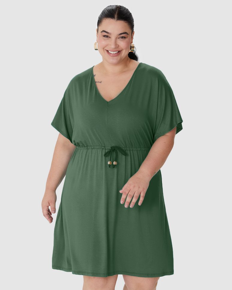 Vestido Feminino Plus Size Cadarço E Amarração Frontal Em Viscose Stretch