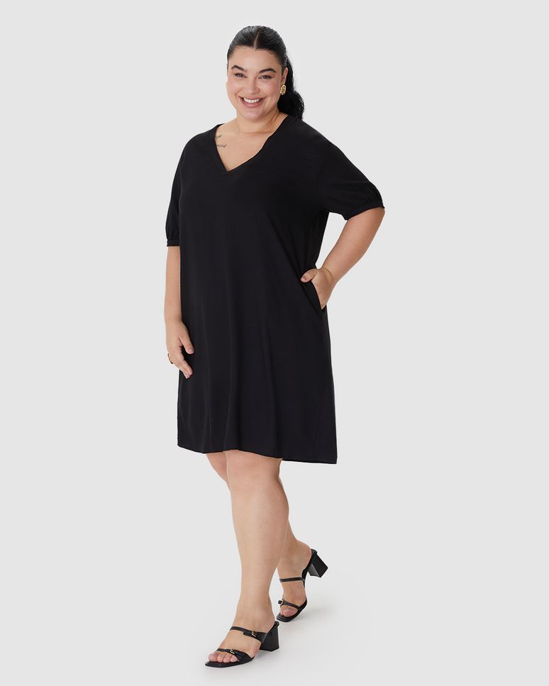 Vestido Feminino Plus Size Amplo Bolso Funcional Em Viscolinho Texturizado