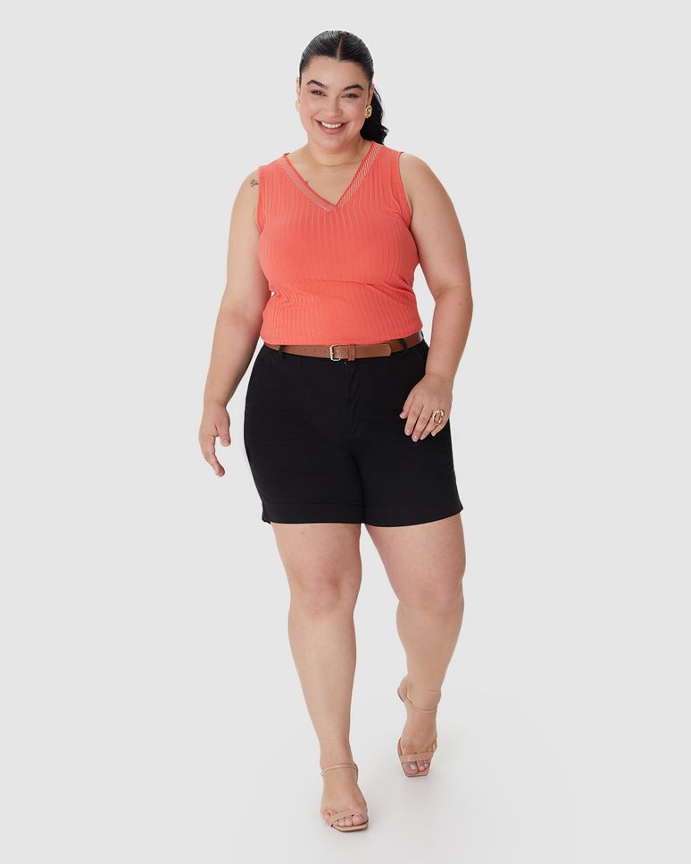 Bermuda Feminina Plus Size Alfaiataria Acompanha Cinto Em Sarja Com Elastano