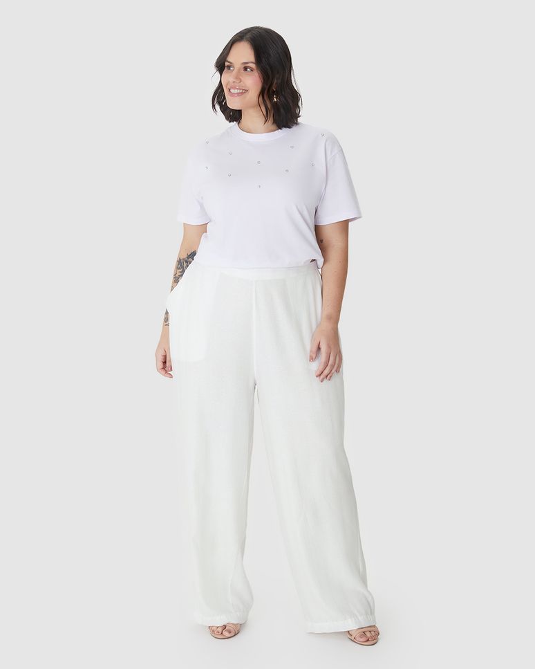 Calça Feminina Plus Size Wide Leg Bolso Faca Em Viscose Lurex