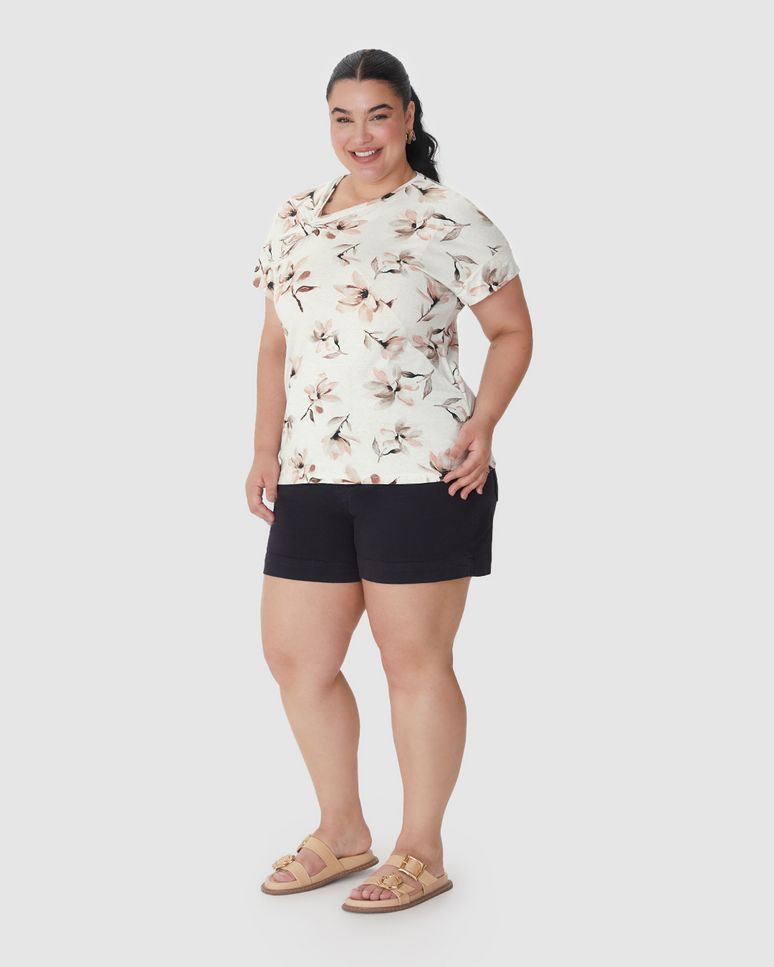 Blusa Feminina Plus Size Detalhe Torção Frontal Em Malha Viscolinho Stretch