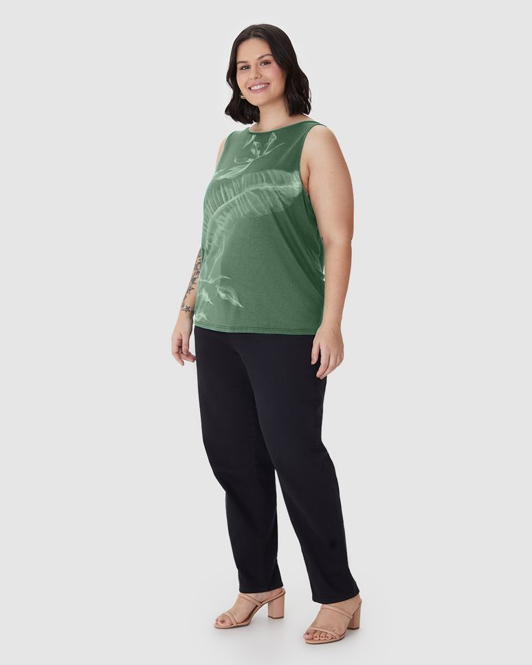 Regata Feminina Plus Size Evasê Estampada Em Malha Viscolinho Stretch