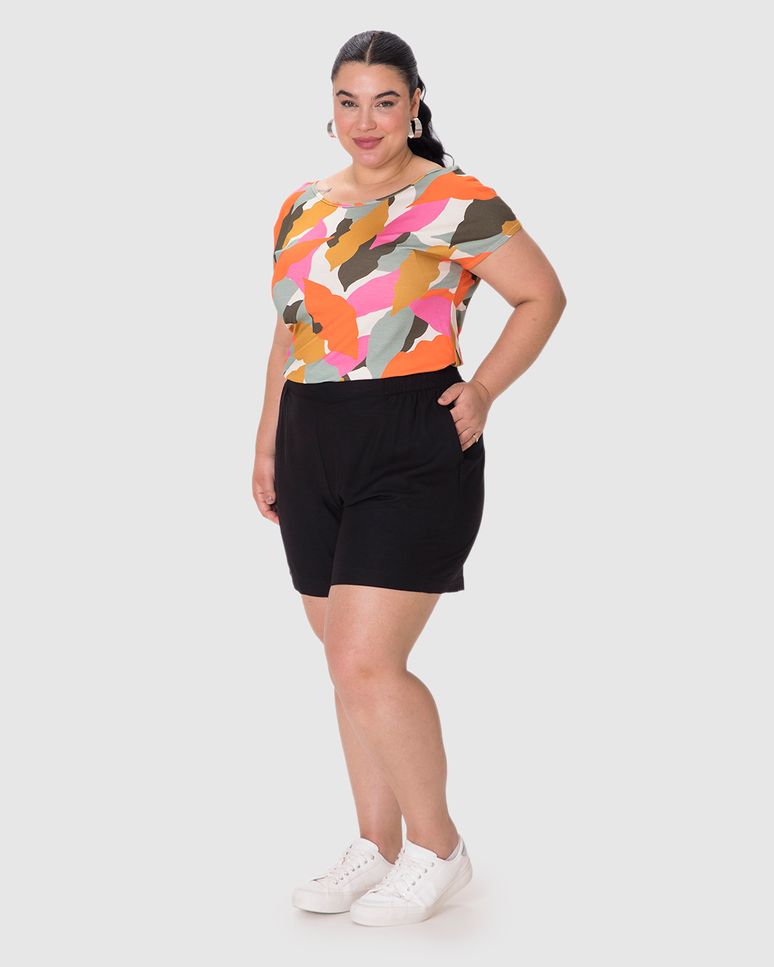 Shorts Feminino Plus Size Cós Elástico Em Viscolinho Texturizado