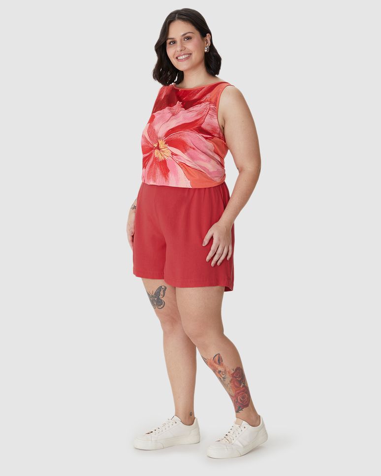 Shorts Feminino Plus Size Cós Elástico Em Viscolinho Texturizado